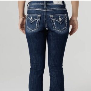 MISS ME SKINNY DARK WASH JEANS SADDLE STITCH POCKET RED,WHITE AND BLUE SZ 27